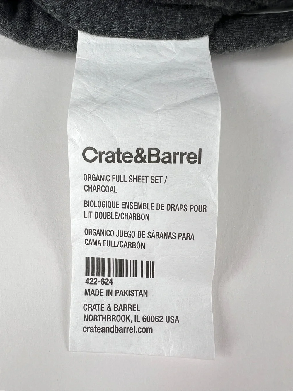 Crate & Barrel Organic Cotton Full Sheet Set Charcoal 4 Pc Set NEW with no Tags